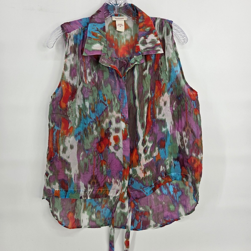 Sundance Silk Sleeveless Blouse M Purple Abstract Art-inspired Boho Tie Hem Top